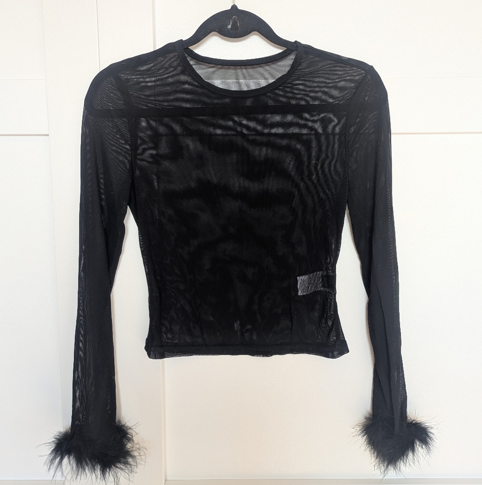 Shein Elegant Black Sheer Top with Feather Cuffs Size Petite Small